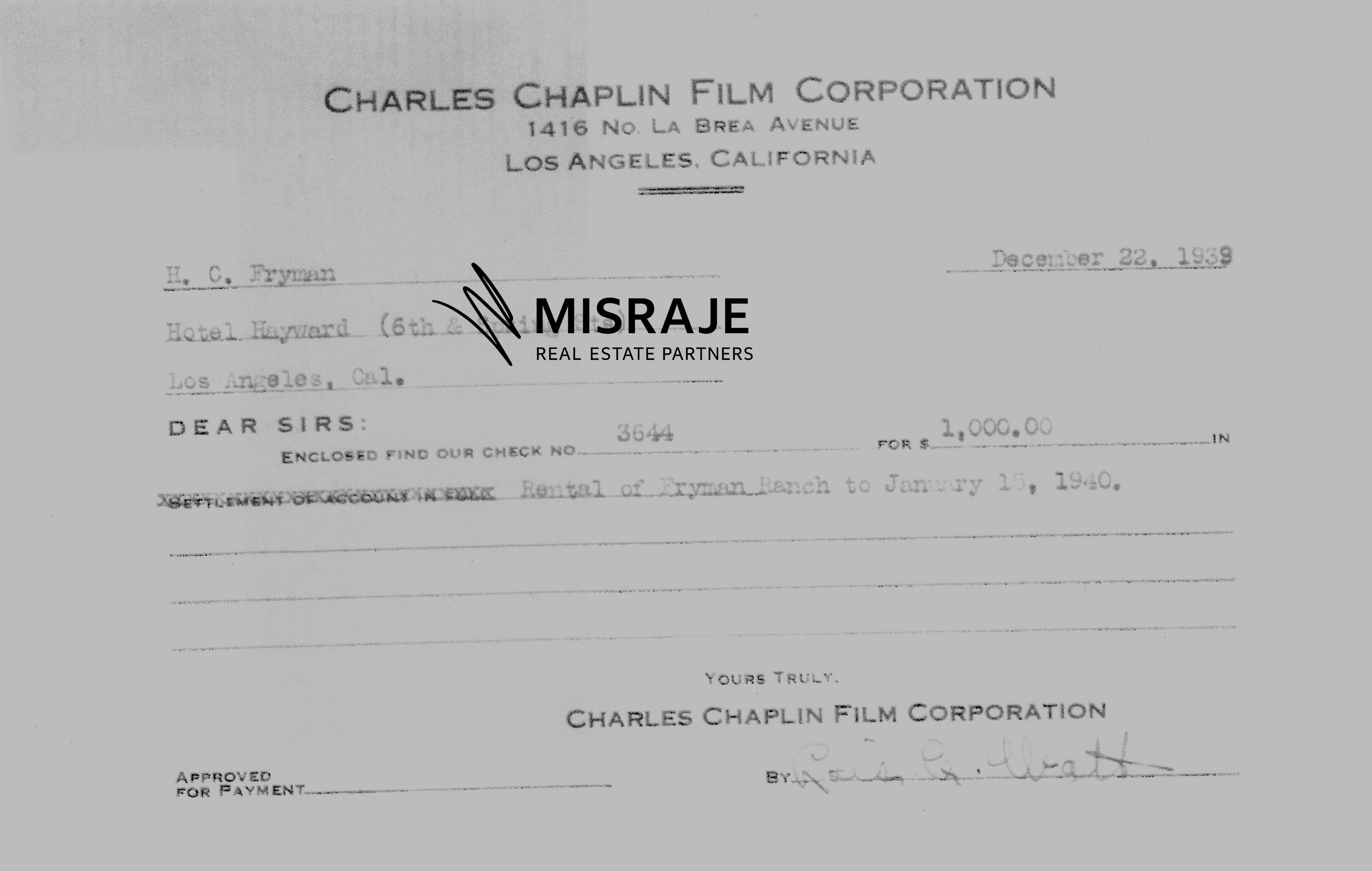 Receipt confirming Charlie Chaplin's company rented Fryman Ranch for a 1940 film.